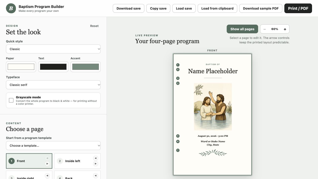 Baptism Program Builder with style controls and a sample booklet cover