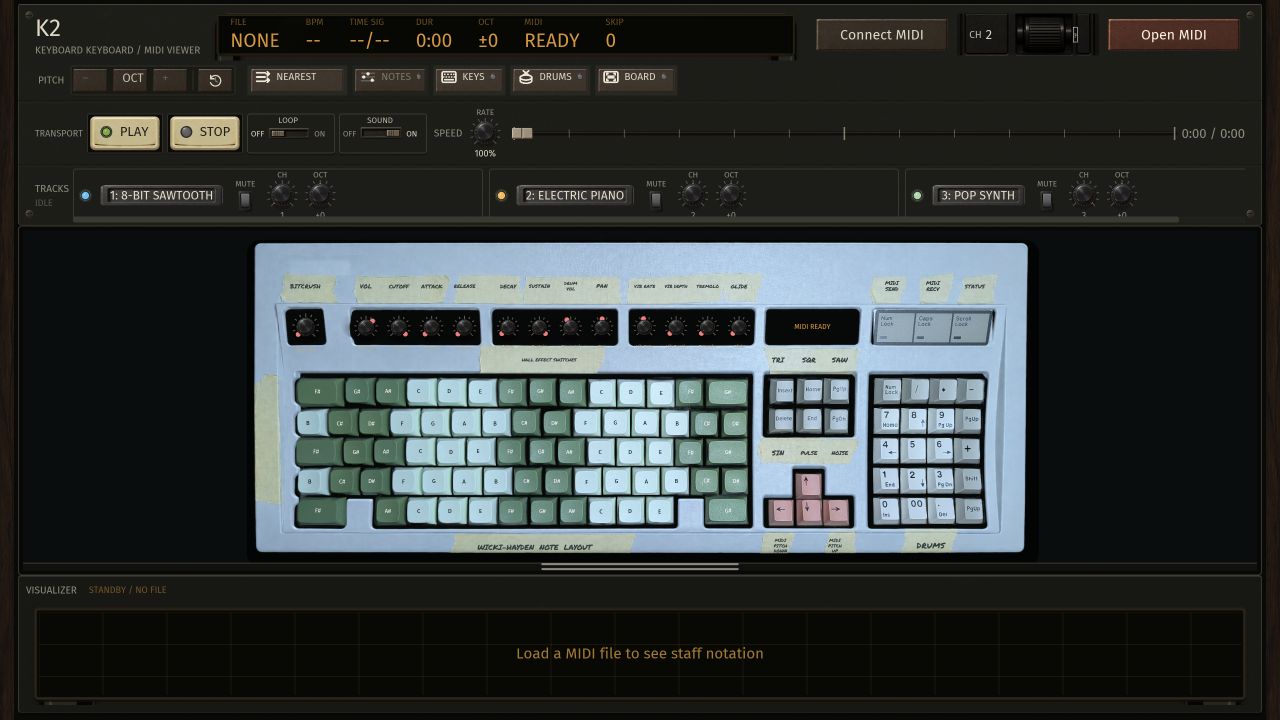 K2 MIDI Viewer showing its keyboard, transport controls, and track panel