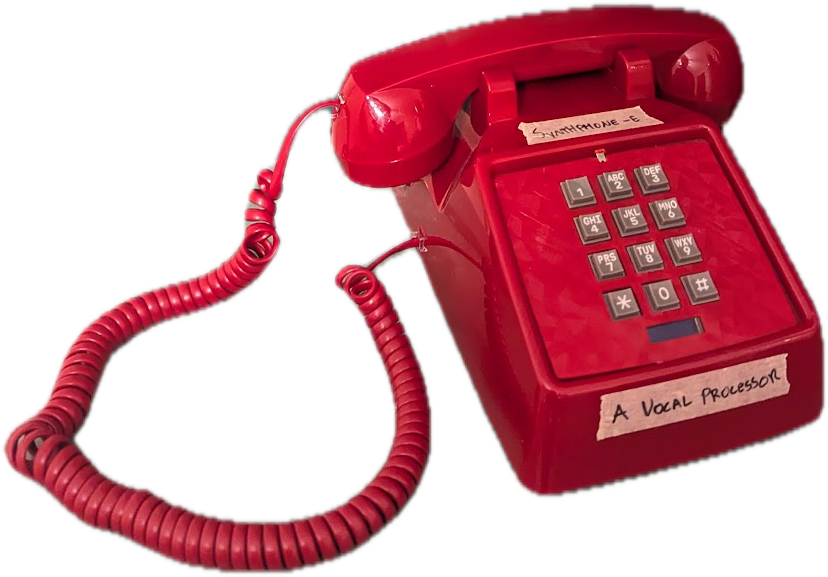 The red Synthphone-E telephone with its handset, controls, and vocal processor label